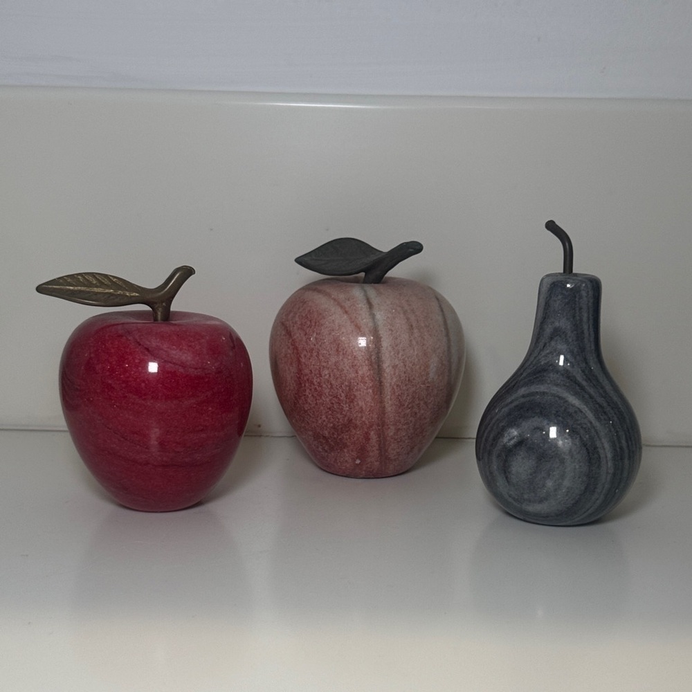 Set of Three Decorative Stone Marble Fruits Paperweights Apples and Pear